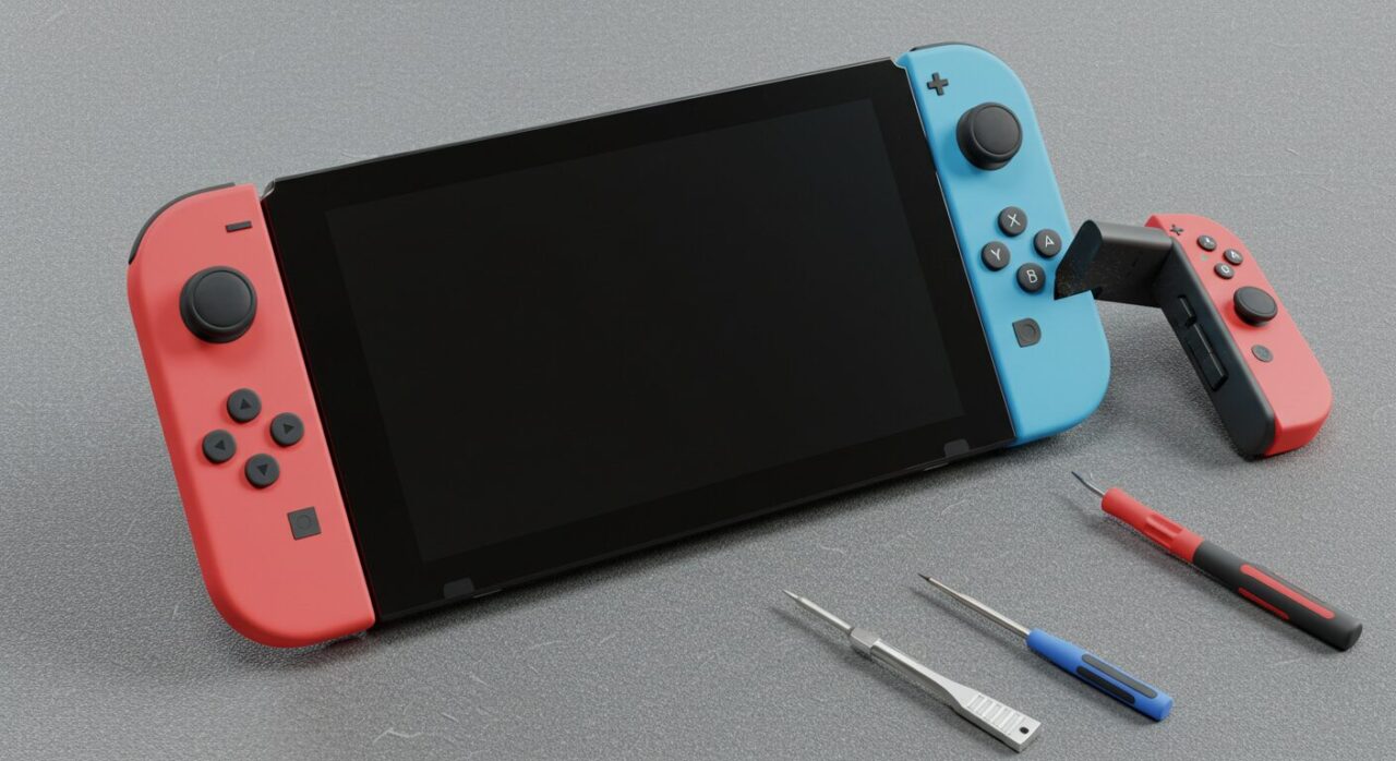 Nintendo Switch本体と取り外されたJoy-Con、修理に使用するドライバーや工具が並べられた状態。