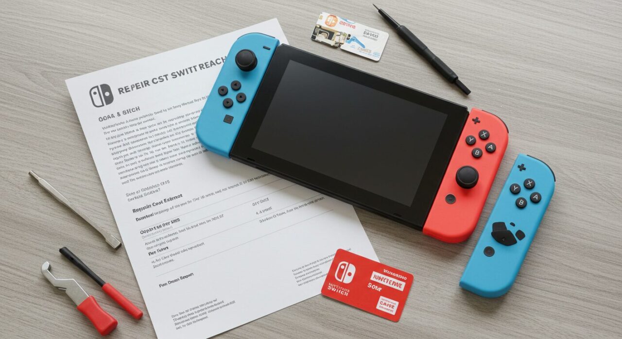 Nintendo Switch本体と取り外されたJoy-Con、修理に関する書類、工具、保証カード、ドライバーがテーブルに並べられている。