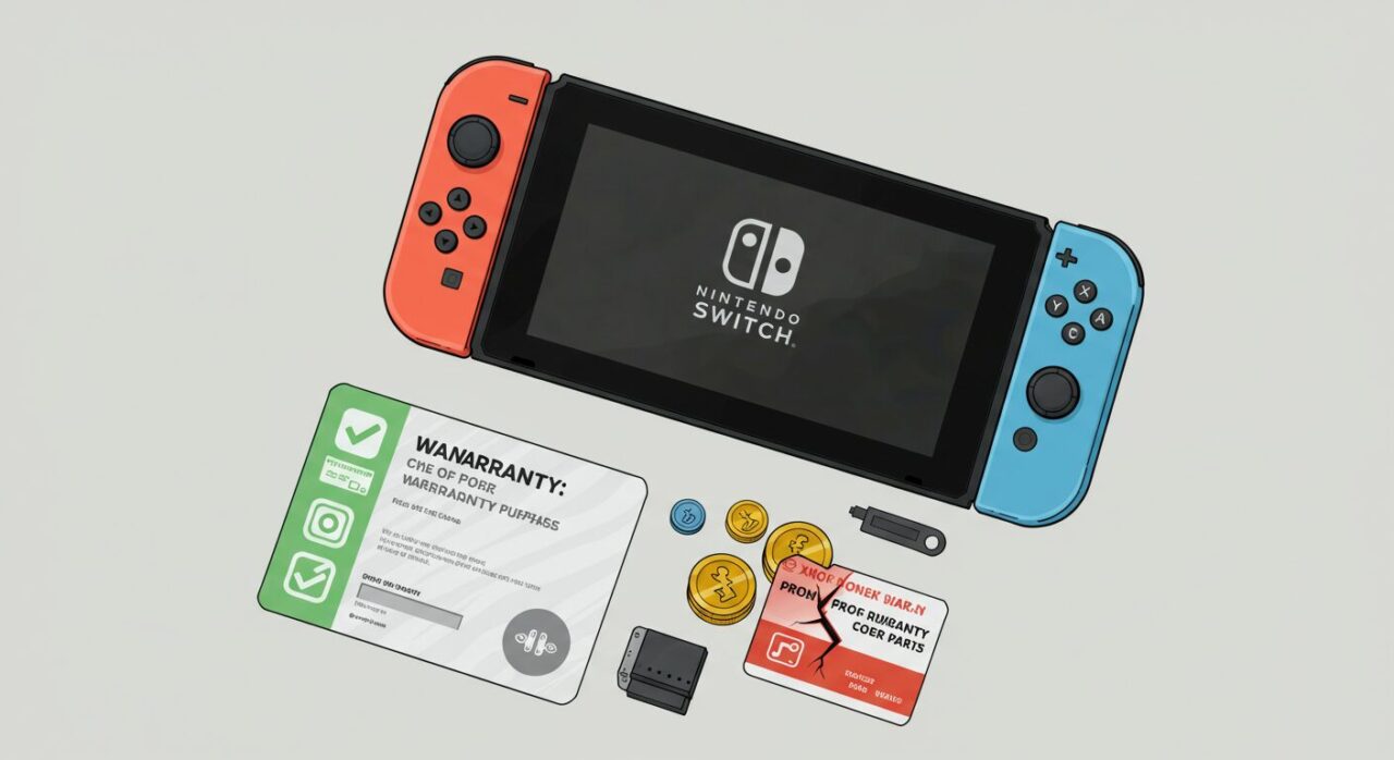 Nintendo Switch本体と、保証カード、硬貨、充電器アダプター、破損した保証カードが並べられた様子。