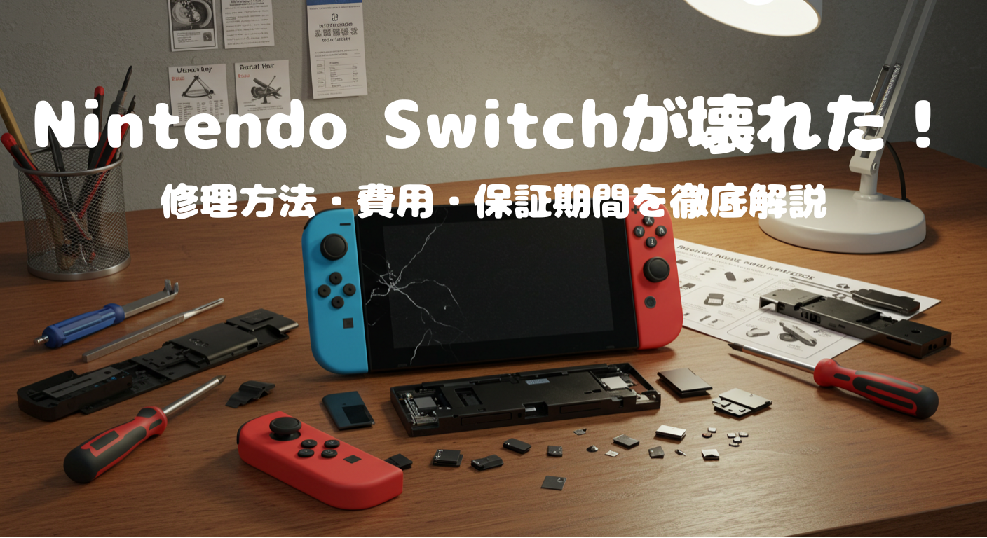 Nintendo Switch修理方法ブログ。Joy-Conや本体の故障時の対処法を詳しく解説。デスクにSwitchと修理道具が並ぶ画像。